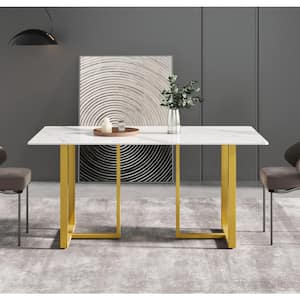 63 in. Rectangular White Sintered Stone Dining Table with Gold Stainless Steel Legs