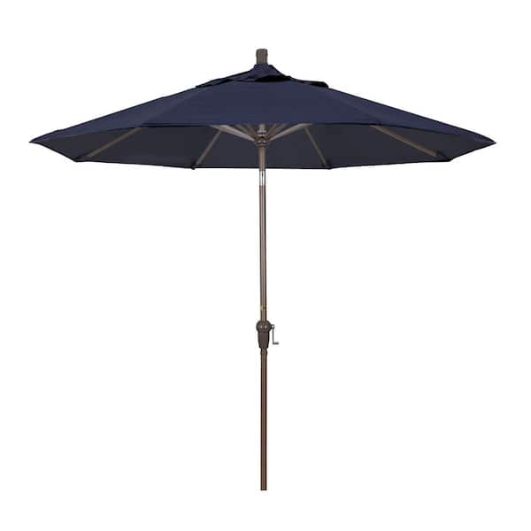 California Umbrella 9 ft. Aluminum Market Auto Tilt Champagne Patio Umbrella in Navy Blue Olefin