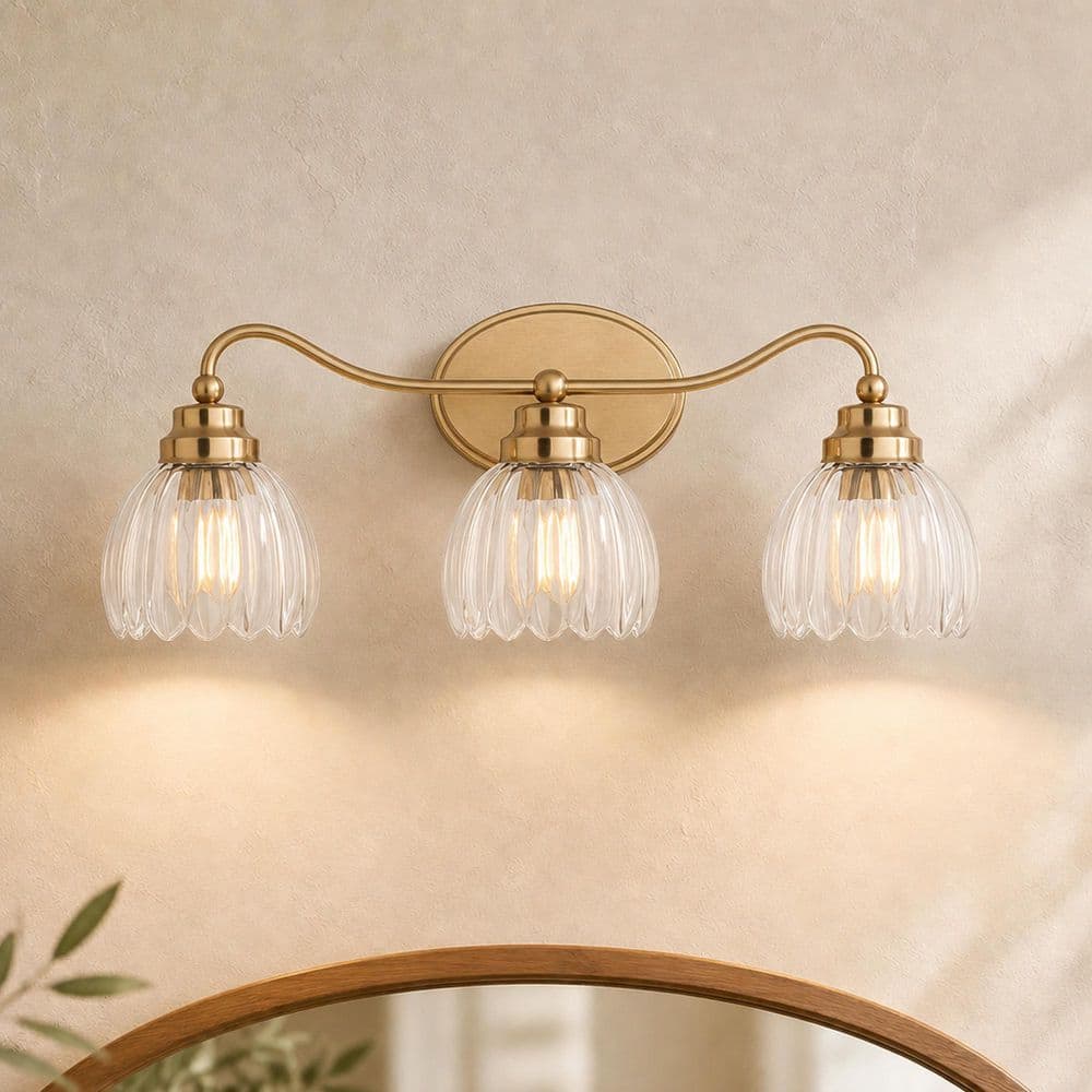 Shirley 21.25 in. 3 Light Champagne Gold Traditional Vanity Light with Clear Fluted Tulip Glass Shade price history on PriceWatchPro