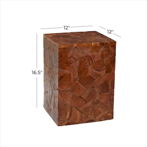 12 in. Brown Handmade Medium Square Wood End Accent Table with Mosaic Wood Chip Design