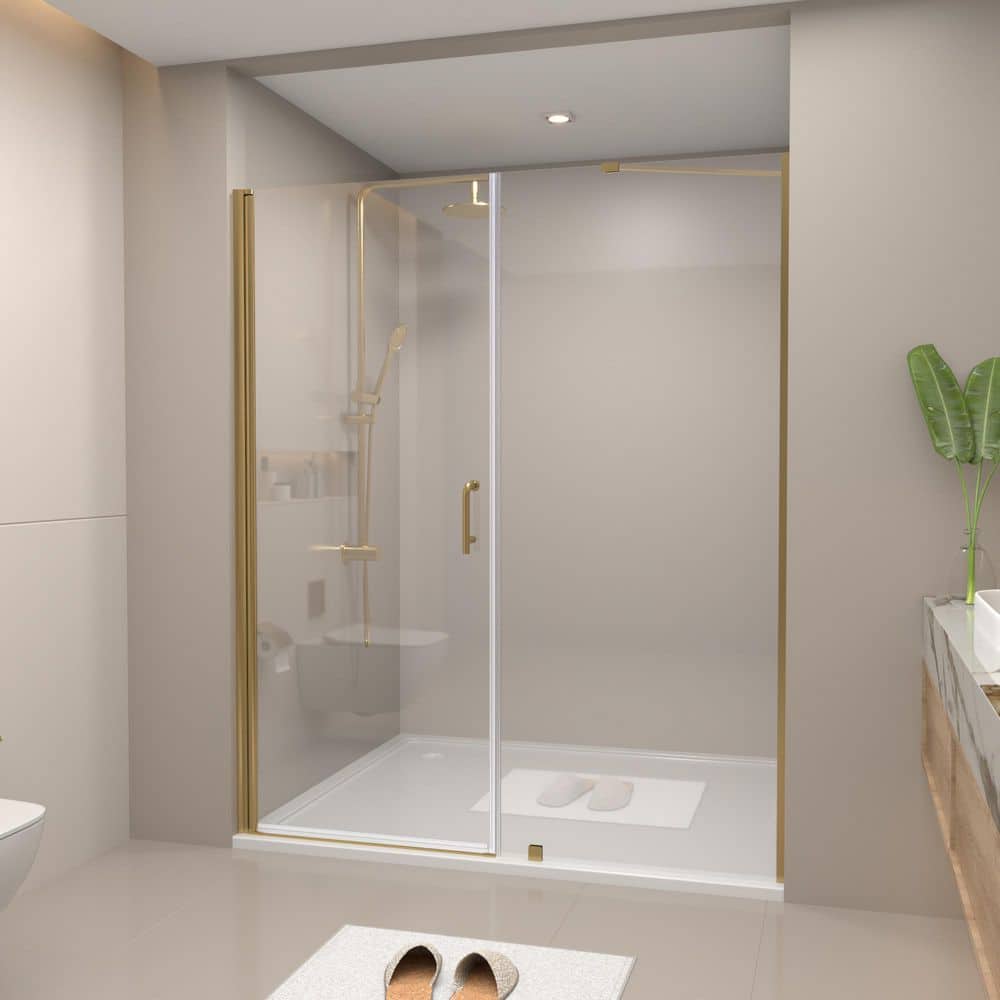Reversible 60 to 60.63 in. W x 72 in. H Pivot Semi-Frameless Shower Door in Brushed Gold with Tempered Glass, Towel Bar price history on PriceWatchPro
