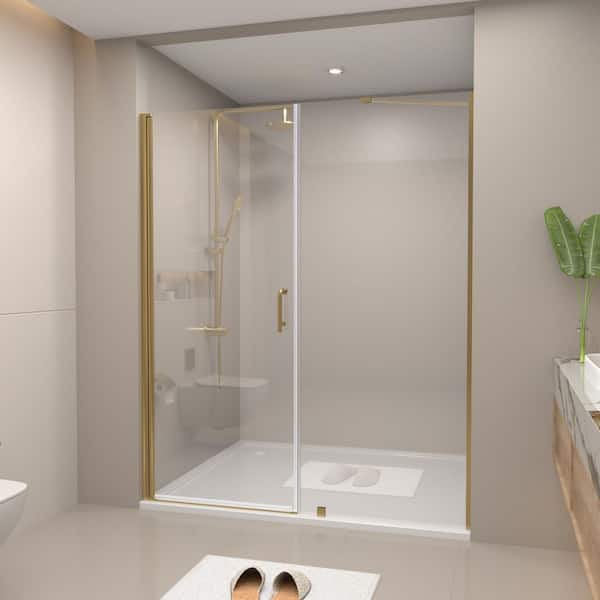 Reversible 60 to 60.63 in. W x 72 in. H Pivot Semi-Frameless Shower Door in Brushed Gold with Tempered Glass, Towel Bar