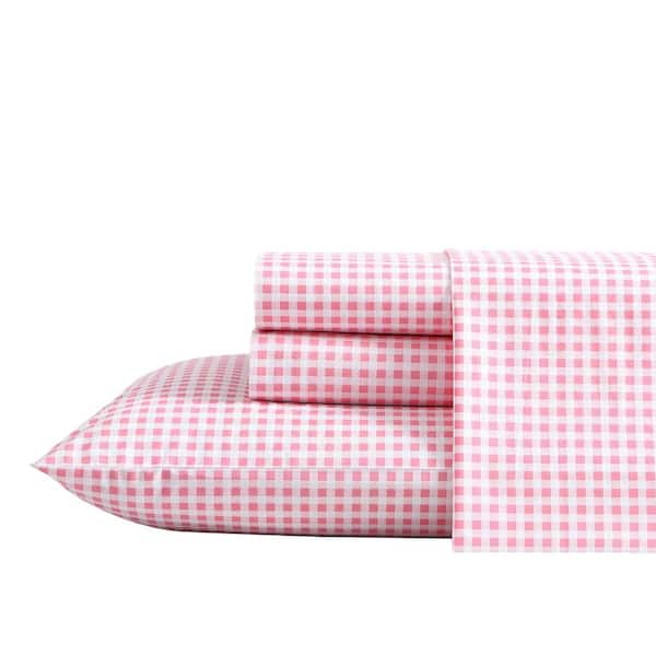 Poppy & Fritz Gingham Plaid 3-Piece Bright Pink Percale Cotton Twin Sheet Set