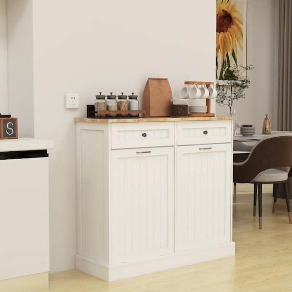 White MDF Top 39.37 in. W Sideboard with 2-Drawers and 2-Compartment Tilt-Out Trash Cabinet