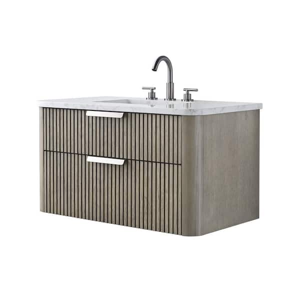 Warren 36 in. W Floating Bath Vanity in Vintage Gray, Engineered Stone Top in Arabescato and White Sink