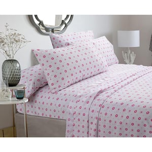 Flower Ditsy Polka Dot 4-Piece Pink White Polyester Queen Sheet Set