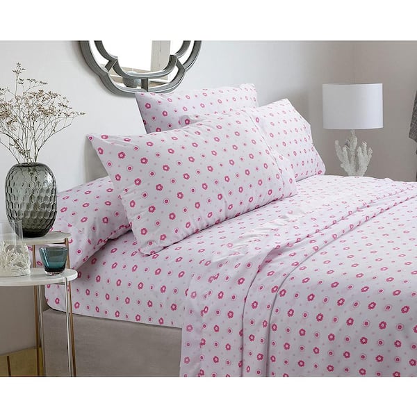 Flower Ditsy Polka Dot 4-Piece Pink White Polyester Queen Sheet Set