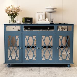 Blue Paint 4-Mirrored Doors Storage Cabinet Buffet Cabinet with 3-Mirror Drawers and Adjustable Shelves
