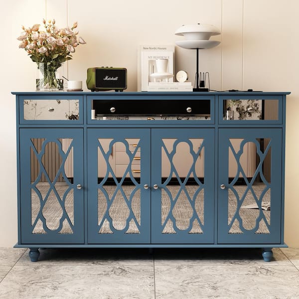 FUFU&GAGA Blue Paint 4-Mirrored Doors Storage Cabinet Buffet Cabinet with 3-Mirror Drawers and Adjustable Shelves