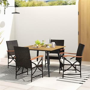 Brown 5-Piece Wood Square 29.5 Outdoor Dining Set with Off White Cushions 1.9 in. Umbrella Hole