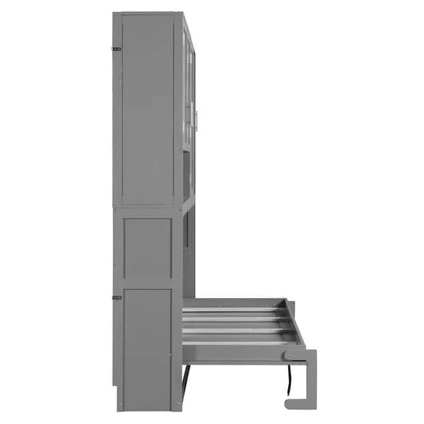 Gray Wood Frame Twin Size Murphy Bed with Top Cabinet, Shelves, Space Saving Foldable Bed with Light & USB