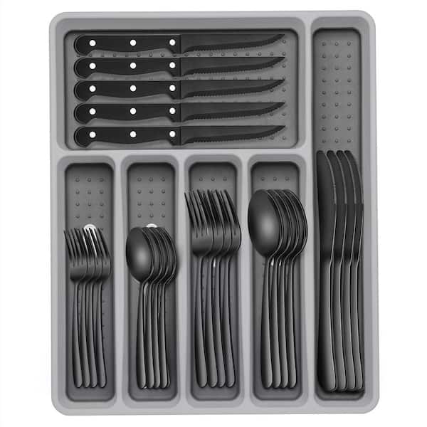 49-Piece Silverware Set with Organizer, Heavy Duty Stainless Steel Utensil Set of 8, Rust-proof, Dishwasher Safe, Black