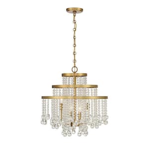 Luna 20 in. W x 20 in. H 4-Light Warm Brass Tiered Chandelier with Cascading Crystals