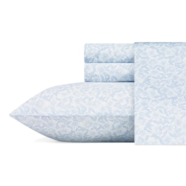 Laura Ashley Blossoming 4-Piece Blue Floral Cotton King Sheet Set