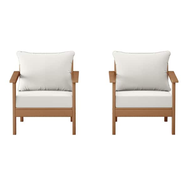 Birchwood Teak Outdoor Patio (Set of 2) Deep Seating HDPE Lounge Chairs w/ White Cushions
