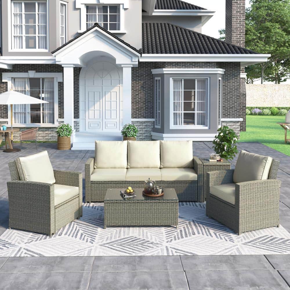 5-Piece Wicker Outdoor Sectional Set with Beige Cushions and Two Coffee Tab