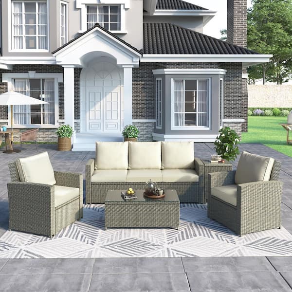 Unbranded 5-Piece Wicker Outdoor Sectional Set with Beige Cushions and Two Coffee Table