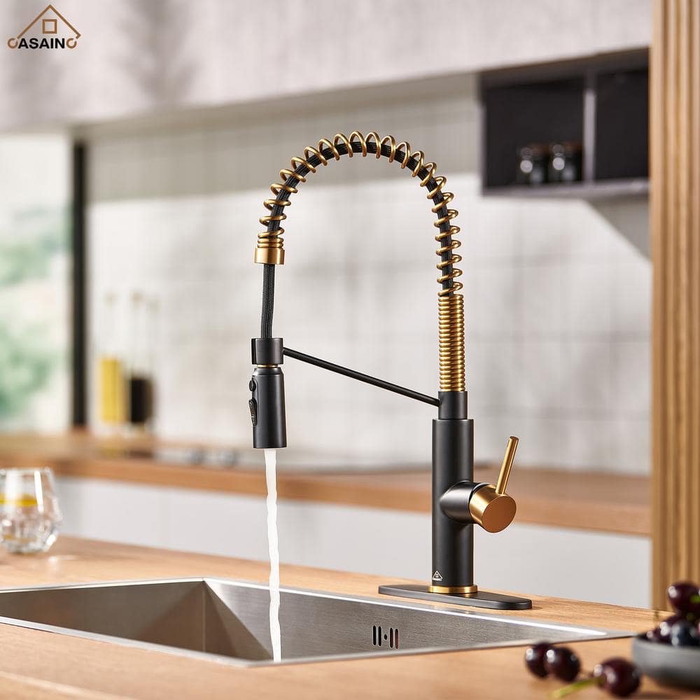 Matte Black and Brushed Gold Pull Down Kitchen Faucet