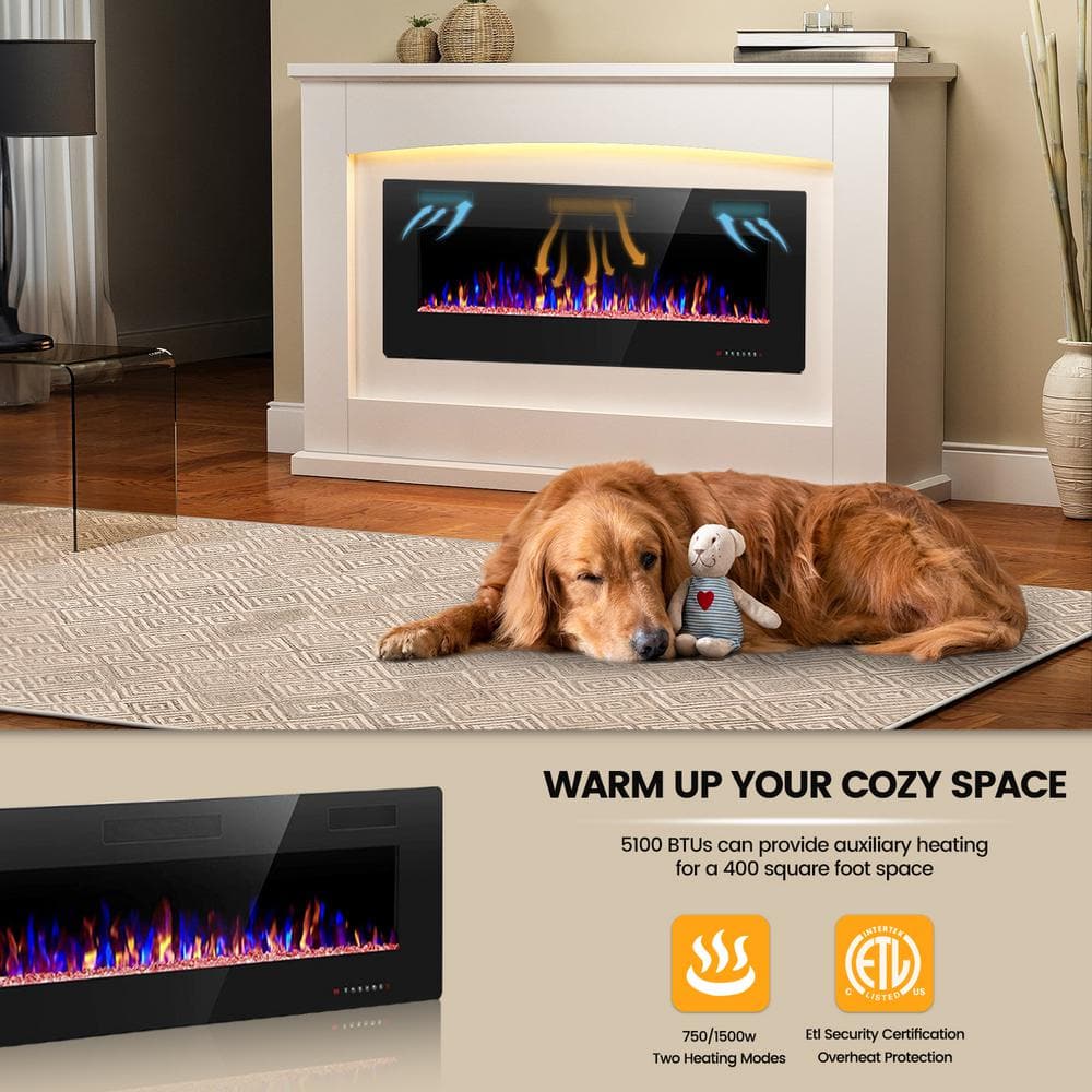42-Inch Black Wall Mounted Electric Fireplace with Remote