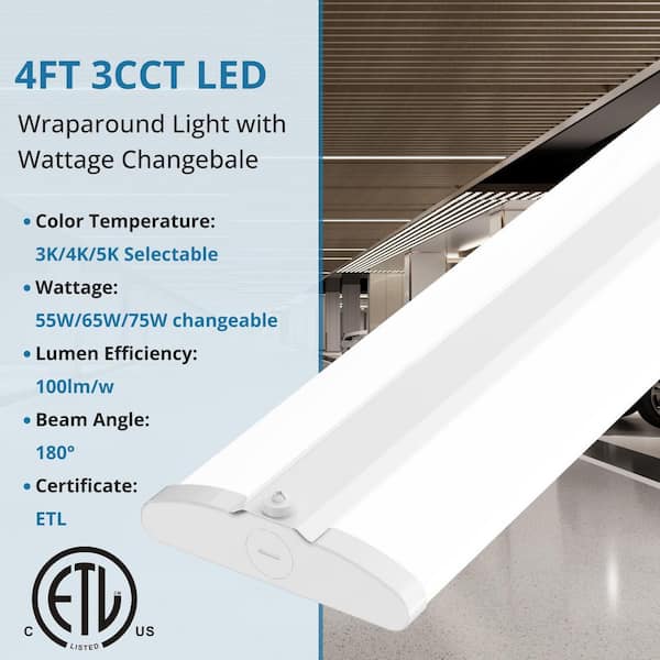 4 ft. Integrated LED 5500/6500/7500 Lumens Dimmable White 180° Shining Wraparound Light, 3000K/4000K/5000K (4-Pack)
