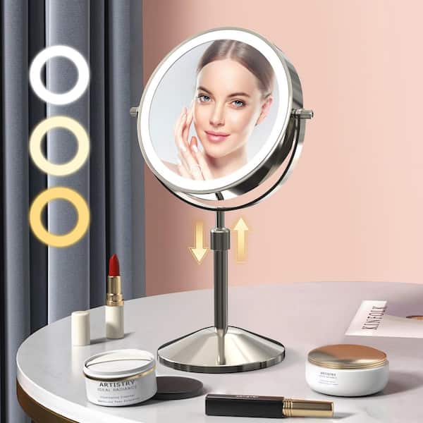 7 in. W x 16.5 in. H Round Magnifying Tabletop Height AdjustableMirror with 3 Colors Bathroom Makeup Mirror in Nickel