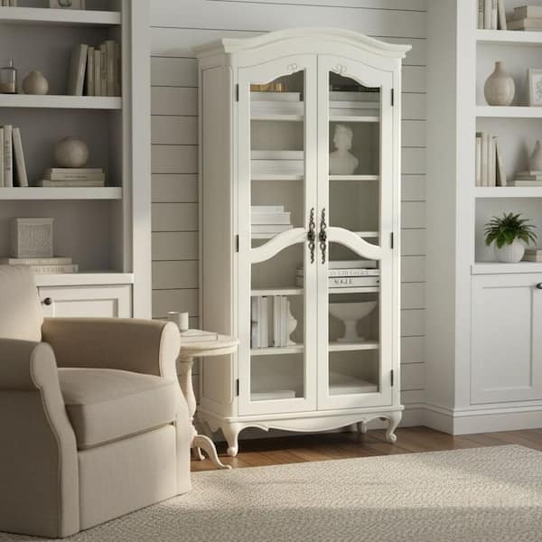 VJIYE 72 in. Tall Satin Pearl Wood French Country Barrister Standard Bookcase with 5 Adjustable Shelves and Glass Doors