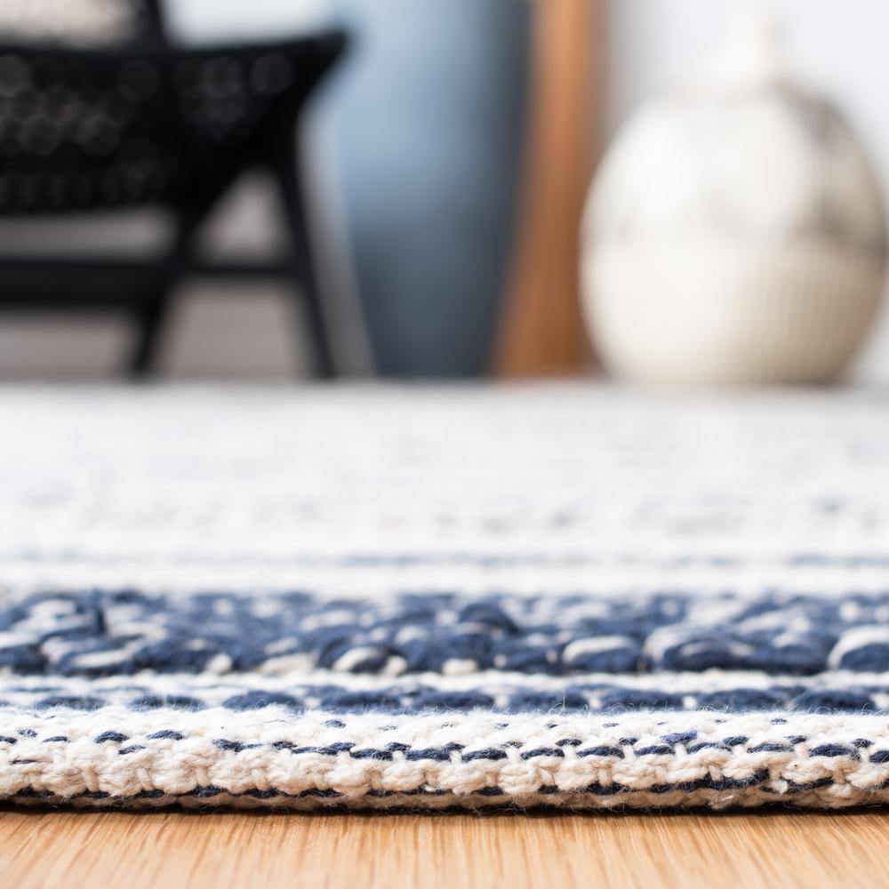 Ivory and Navy Striped Wool Cotton 8' x 10' Area Rug