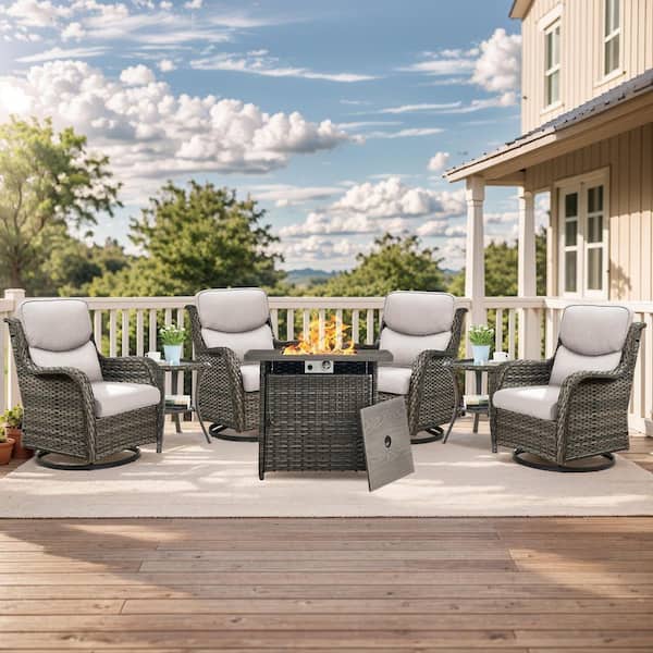 moosprr Luxury Gray Wicker Fire Pit Conversation Set with Olefin Beige Cushions and Patio Swivel Chairs/Side Tables