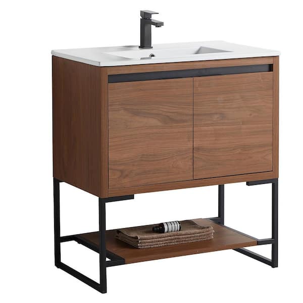 Unbranded 30 in. W x 18 in. D x 34.25 in. H Bath Vanity in Dark Brown Wood Grain with White Ceramic Top