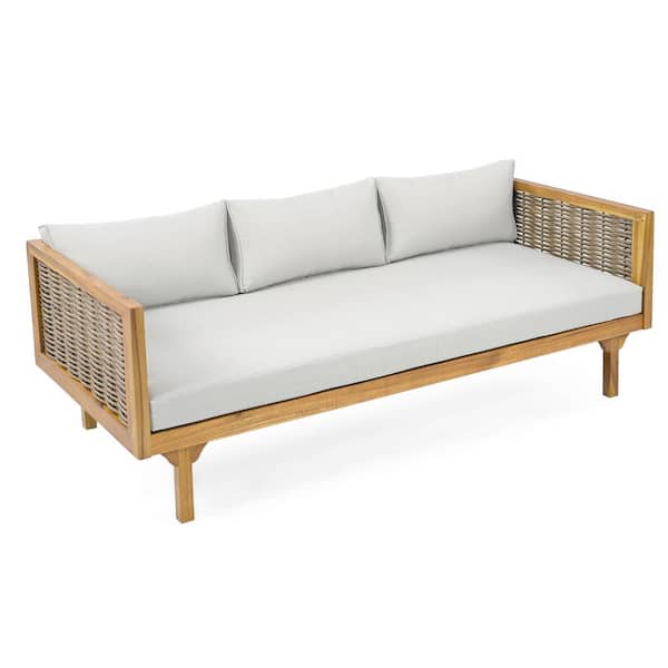Unbranded 3-Seater Teak Wood Outdoor Patio Day Bed with Light Grey Cushions and Rattan Arms
