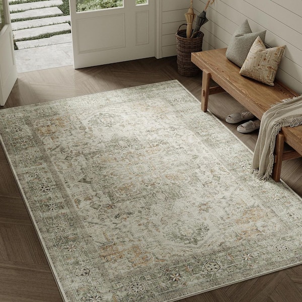 Kaponi Green Brown 6 ft. x 9 ft. Vintage Washable Medallion Distressed Area Rug