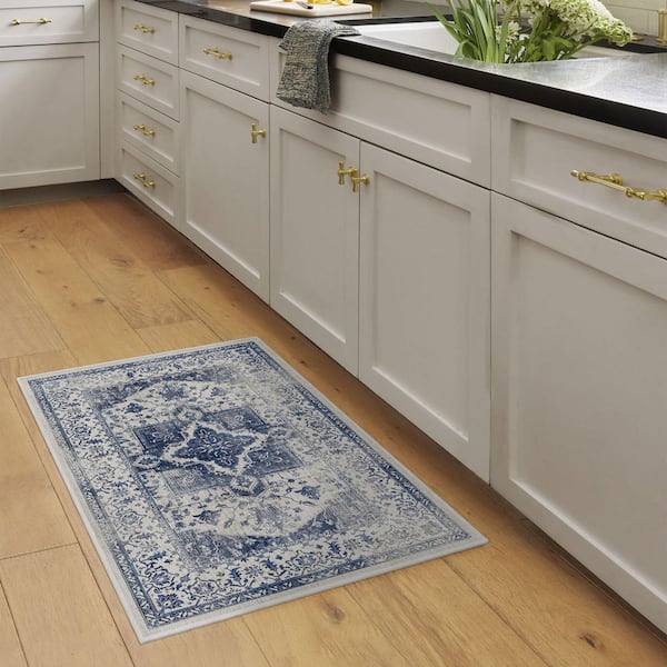 Machine Washable Rug with Standard Pad - Kira Delft Blue 2 ft. x 3 ft.