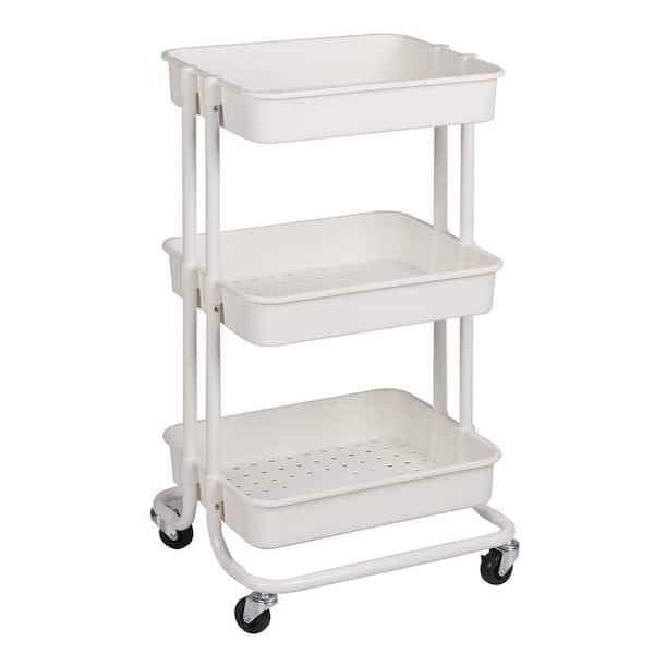 Home Basics 3-Tier White Steel Rolling Utility Cart with 2-Locking Wheels