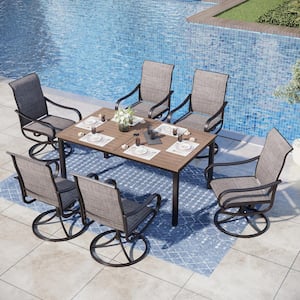 Black 7-Piece Metal Outdoor Patio Dining Set with Straight-Leg Rectangle Table and Padded Textilene Swivel Chairs