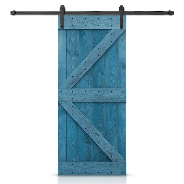 CALHOME K Series 30 in. x 84 in. Solid Ocean Blue Stained DIY Pine Wood Interior Sliding Barn Door with Hardware Kit