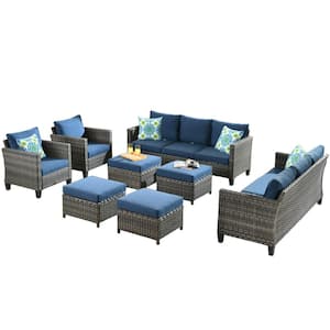 New Vultros Gray 8-Piece Wicker Outdoor Patio Conversation Seating Set with Blue Cushions