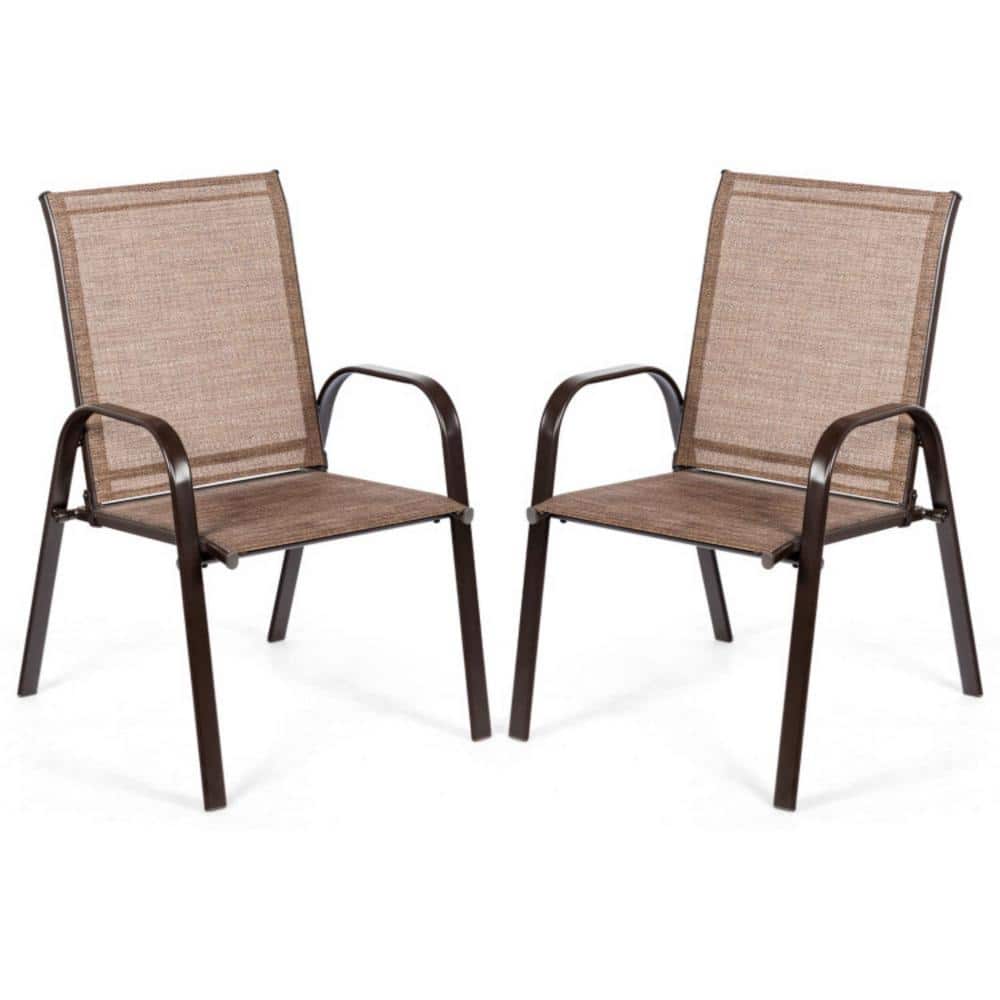 Brown Steel Frame Outdoor Dining Chairs with Armrests, Set of 2