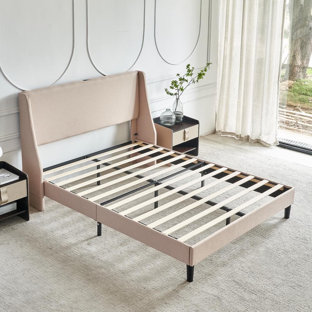 Upholstered Bed Frame with Headboard and Wingback, Beige Queen Size Bed Frame, Platform Bed with USB, and Type-C Ports - thumbnail 9