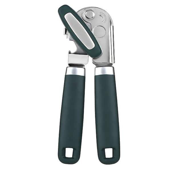 Hand Can Opener Corkscrew with Soft Grip Handle and Built In Bottle Opener for Home Camping Daily Food Prep in Green