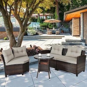 4-Piece Brown Wicker Patio Conversation Set with Light Gray Cushions