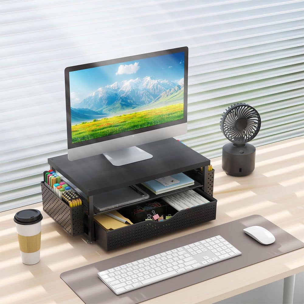 14.1 x 5.9 in. Blacks Alloy Steel Desktop Organizer and with Drawer and 2-Pen Holders, Decorative Stand