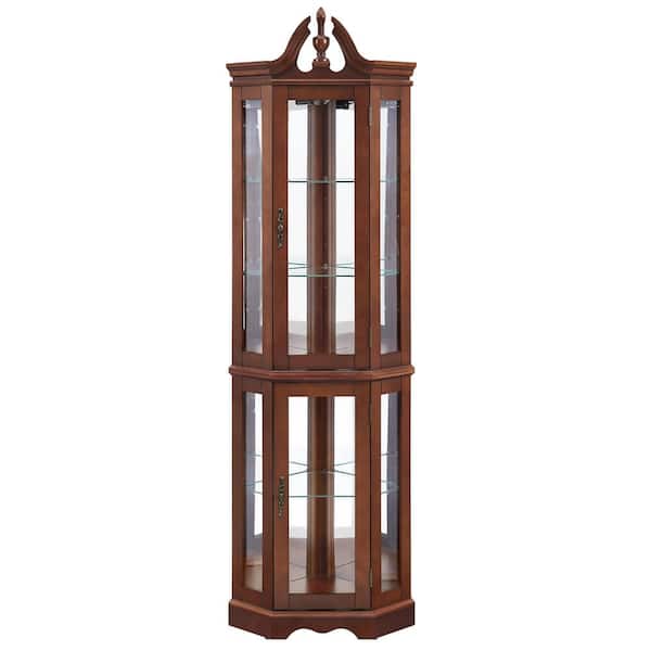 XUJMK 22 in. W x 15 in. D x 71 in. H Brown Linen Cabinet, Curio Cabinet Lighted with Shelves Walnut Color Corner Curio Cabinet