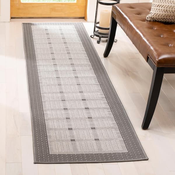 Bermuda Gray/Ivory 2 ft. x 12 ft. Machine Washable Runner Border Geometric Indoor/Outdoor Area Rug