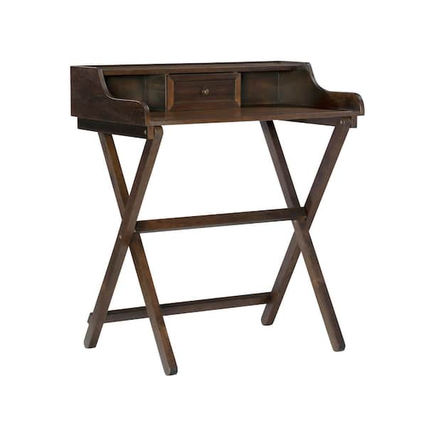 Linon Home Decor Canyon Folding 30 in. Rectangular Antique Walnut Wood 1-Drawer Writing Desk with Storage