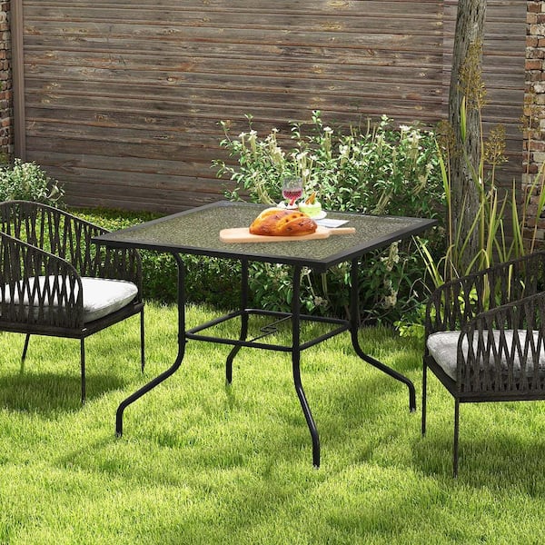 35'' Patio Dining Table Tempered Glass Top Metal Outoor Bistro Table with 1.5 in. Umbrella Hole