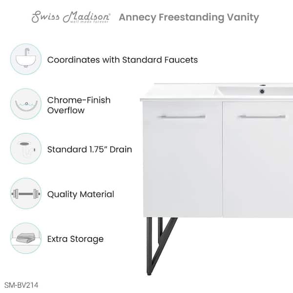 Annecy 48 in. Single, 2-Door, 1 Drawer Bathroom Vanity in White with White Basin