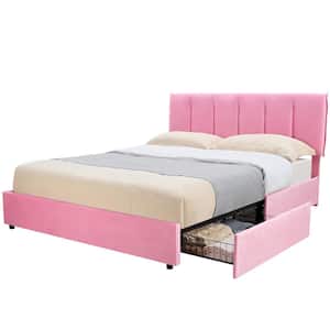 Upholstered Bed Frame Pink Queen Metal Frame With 4-Storage Drawers and Adjustable Headboard Platform Bed Frame