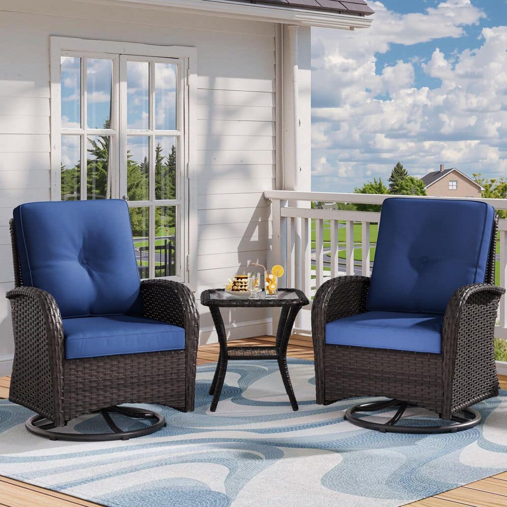3-Pieces Deep Brown Wicker Outdoor Rocking Chairs Patio Conversation Set with Blue Cushions and Side Table price history on PriceWatchPro