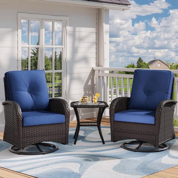 3-Pieces Deep Brown Wicker Outdoor Rocking Chairs Patio Conversation Set with Blue Cushions and Side Table