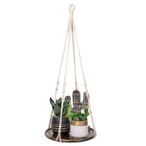 13 in. Dia Brown Wooden Hanging Planter Shelf with Twisted Cotton Rope (1-Pack)